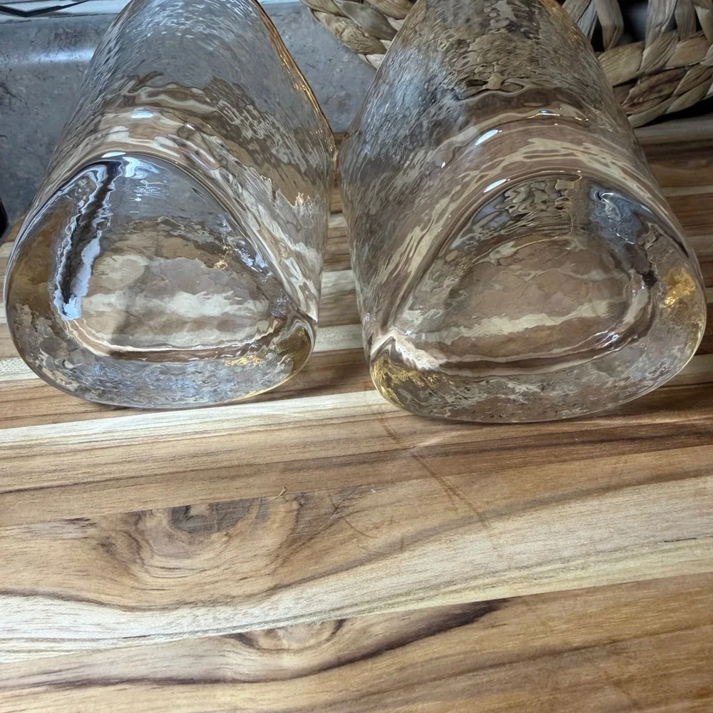 Vintage Hammered Gold Rim Triangular Whiskey Glasses Set of 2 Rocks Glass Clear
